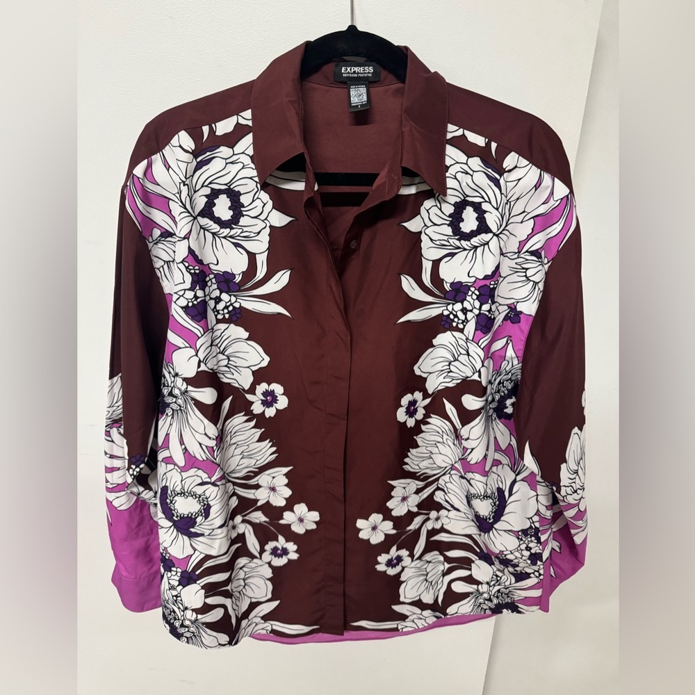 Express Women's Floral Button Down Shirt - Brown and Purple